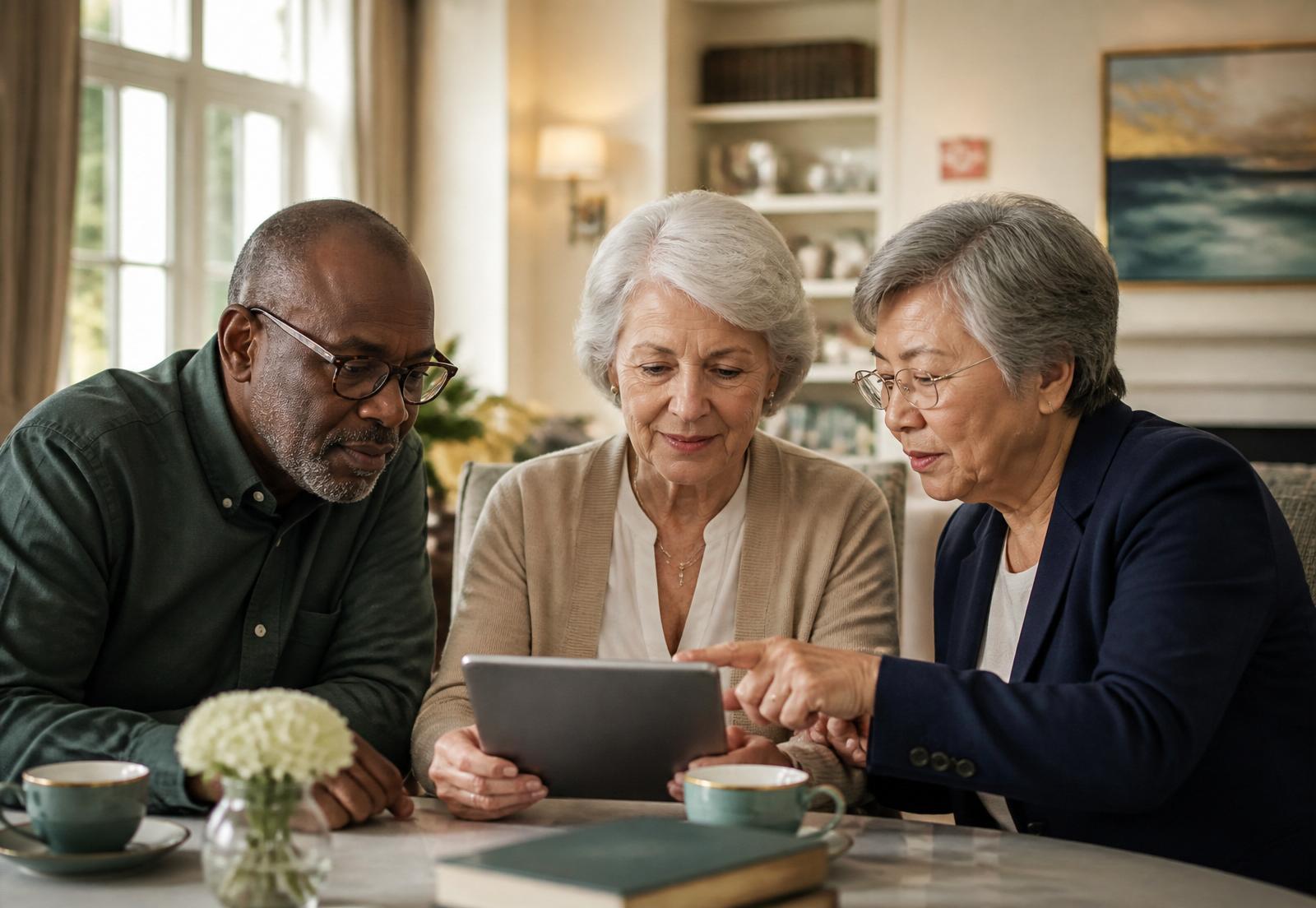 Three older adults sitting together in a bright common room, looking at a tablet with calm, focused attention.